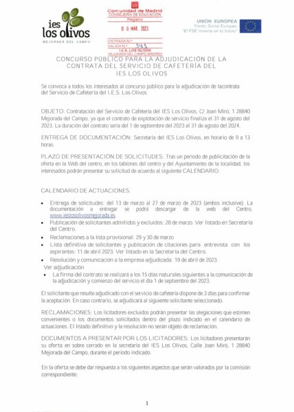 CONVOCATORIA CONCURSO PÚBLICO CONTRATO CAFETERÍA IES LOS  OLIVOS-ADJUDICACIÓN DEFINITIVA – IES Los Olivos Mejorada